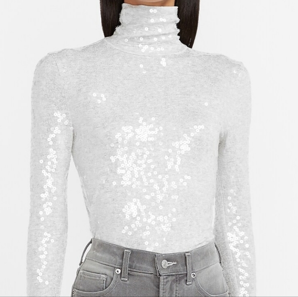 New Express Sequin Mock Neck Long Sleeve Tee Light Grey XS - Picture 7 of 13